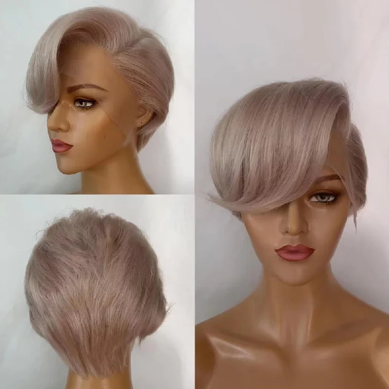 real person hair ring holiday special-Short Gray Straight Pixie Cut Lace Wig Human Hair for African American