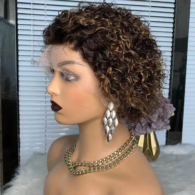 real person hair ring unity symbol-Short highlight Curly Wig With Bangs Human Hair Kinky Curl Wig For Women