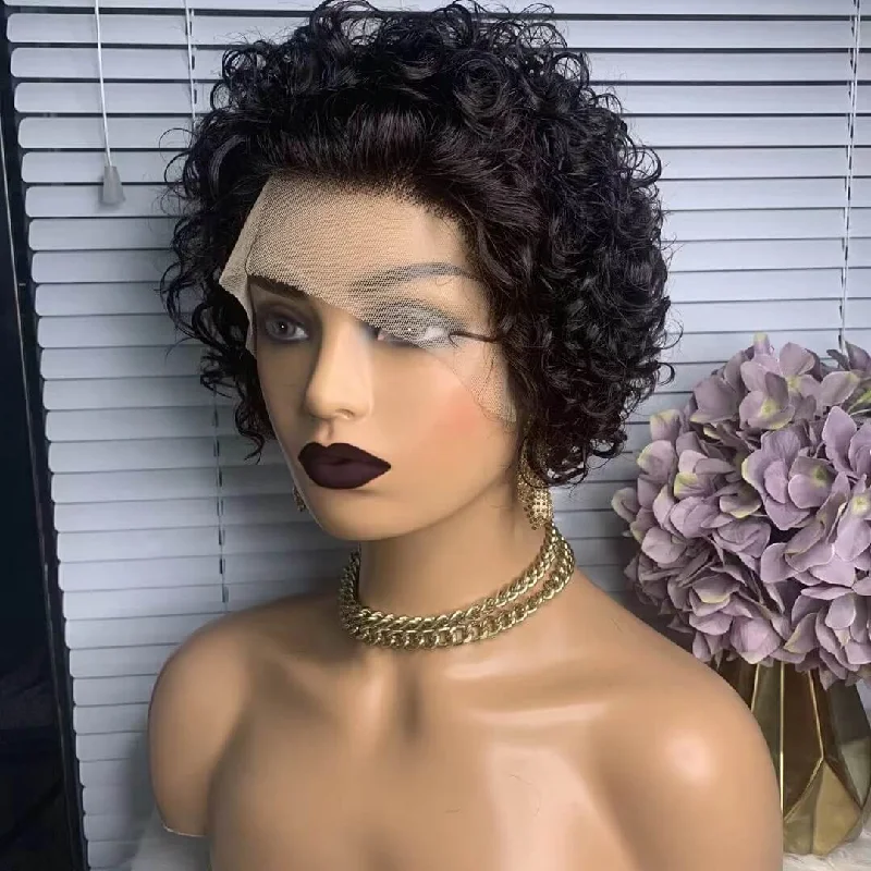 real person hair ring update alert-Short Human Hair Curly Pixie Wig 13x1 Lace Wig For African American