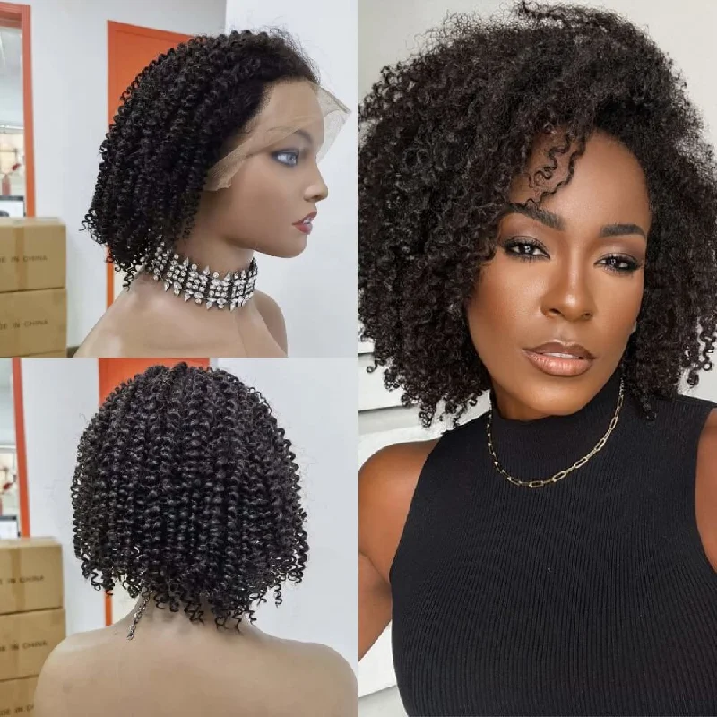 real person hair ring cost-effective-Short Kinky Curl Human Hair Lace Wig Black Color Curly for Women