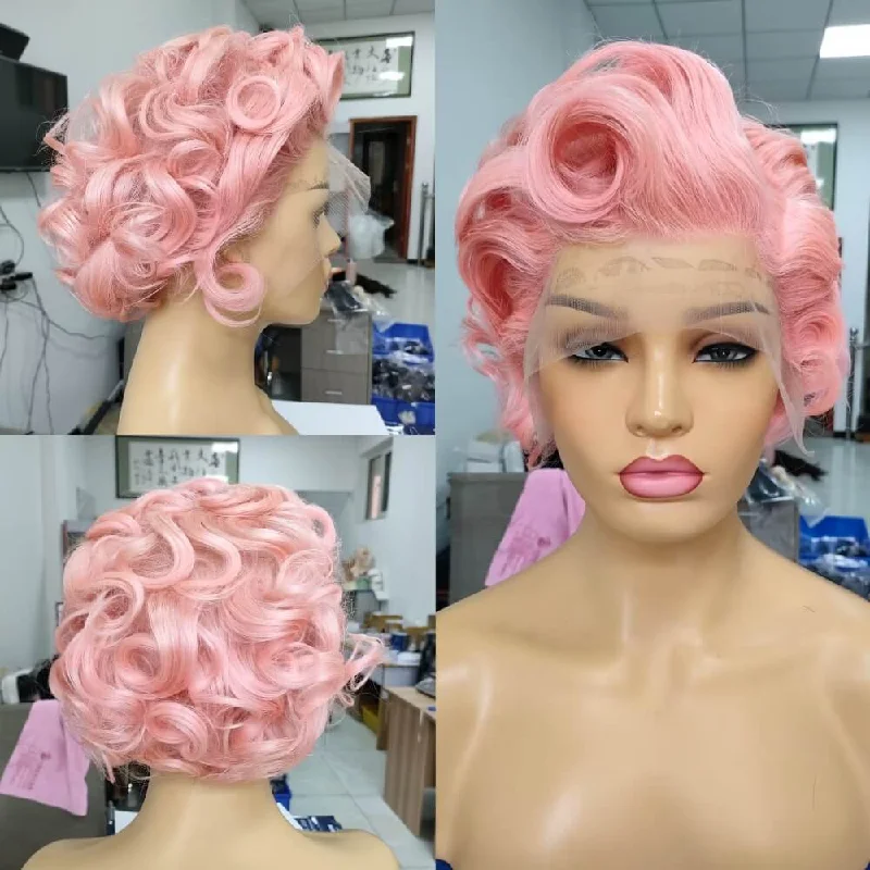 real person hair ring vision piece-Short Pink Curly Pixie Cut Wig Human Hair Lace Front for Black Women