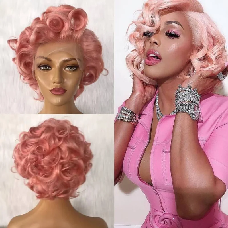 real person hair ring vintage charm-Short Pink Loose Wave Pixie Cut Wig Human Hair Lace Front for Women