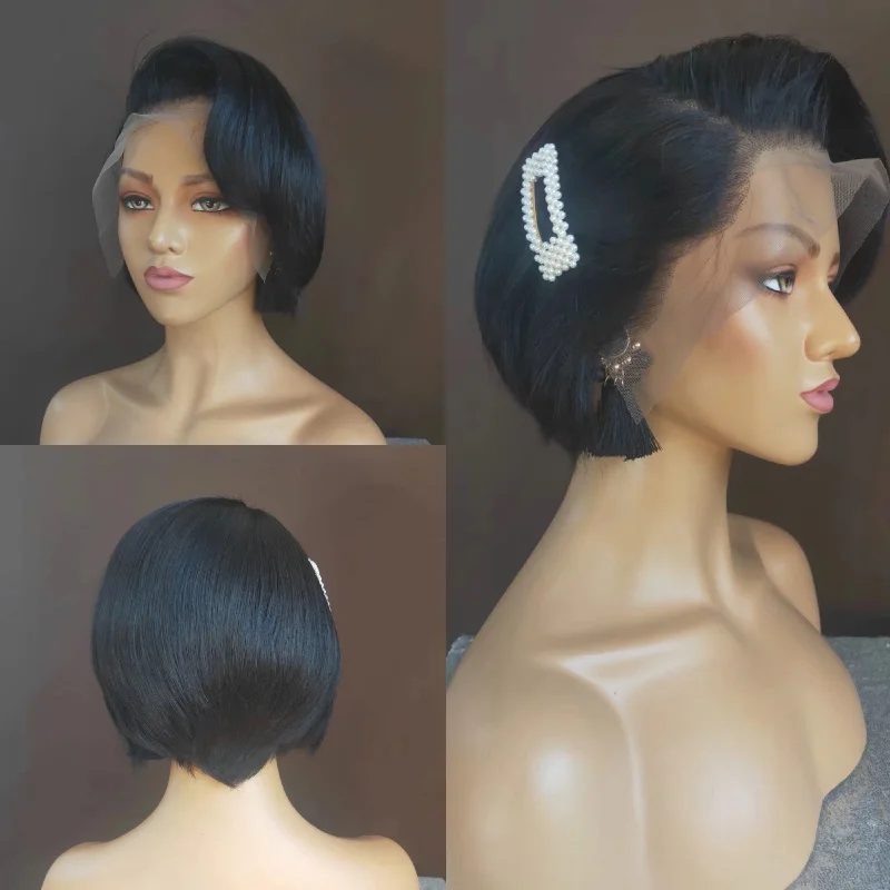 real person hair ring exclusive batch-Short Pixie Cut Bob Wig Human hair Lace Frontal Wig  for African American