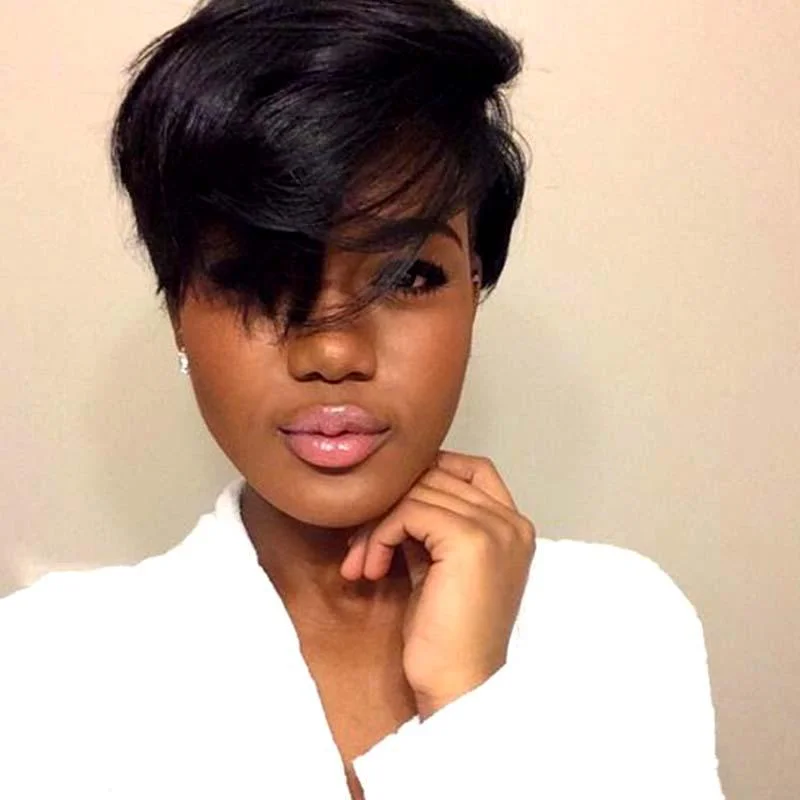 real person hair ring futuristic flair-Short Pixie Cut Full Lace Wig Brazilian Human Hair Natural Black