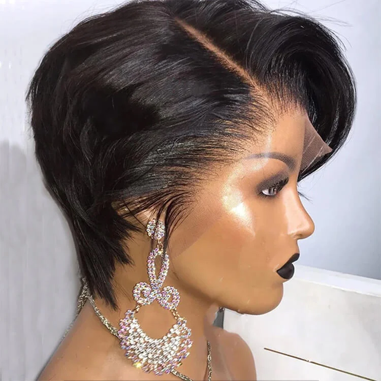 real person hair ring delicate design-Short Pixie Cut Wig Straight Human Hair Wigs T Part Transparent Lace Wig Side Part Wig Preplucked Hairline