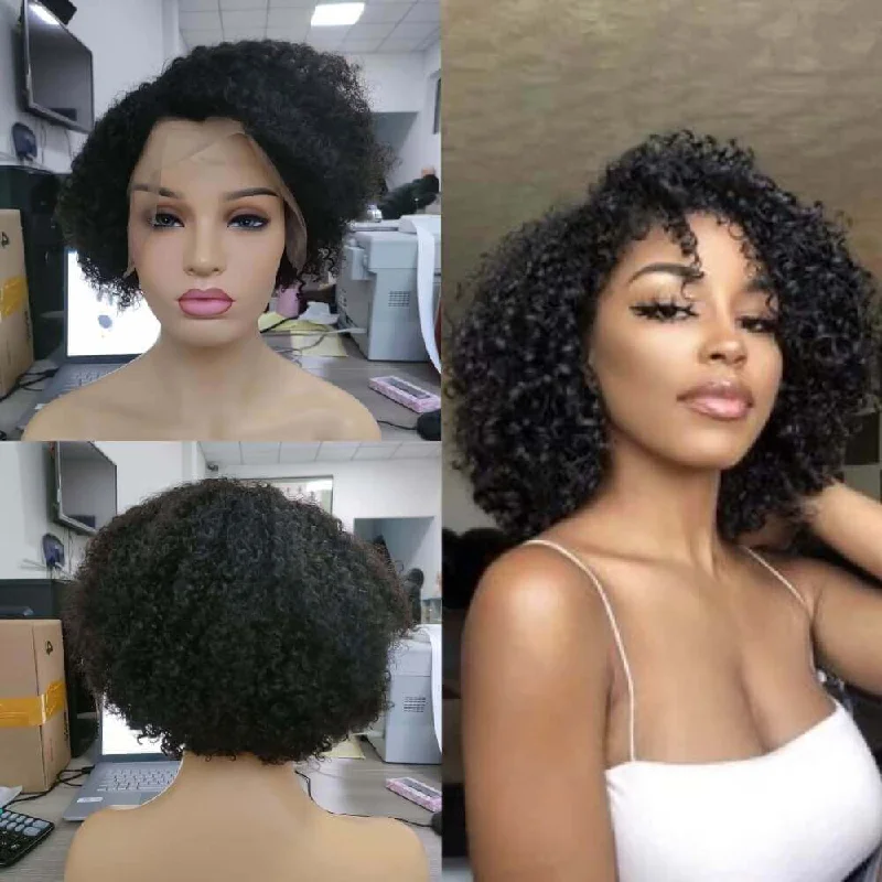 real person hair ring minimal design-Side Part Afro Kinky Pixie Cut Wig Lace Front Human Hair for Black Women