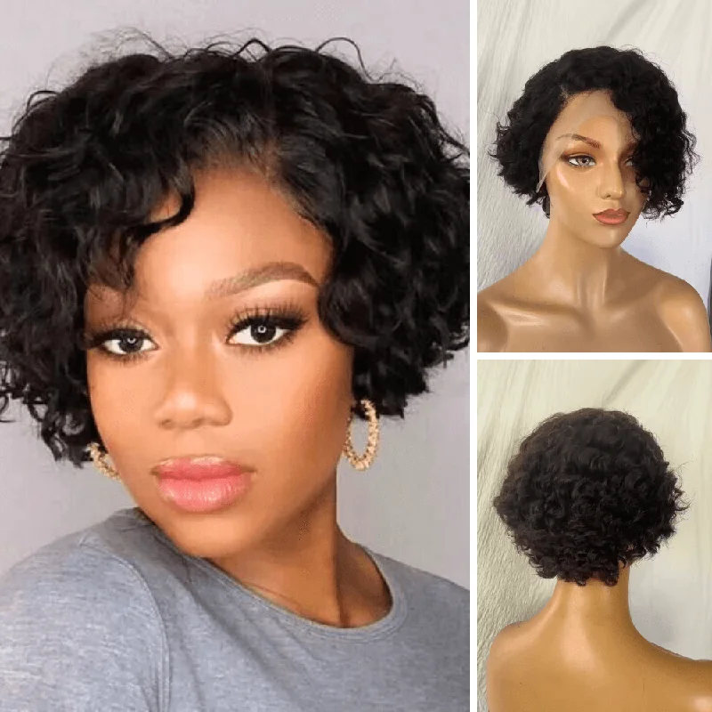 real person hair ring usage tips-Side Part Curly Pixie Cut Wig Human Hair  Lace Front 13x6 for African American