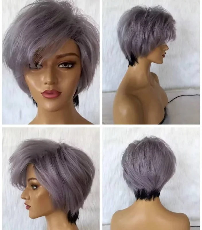 real person hair ring country charm-Straight Gray Human Hair Pixie Cut Wig Lace Frontal for Black Women