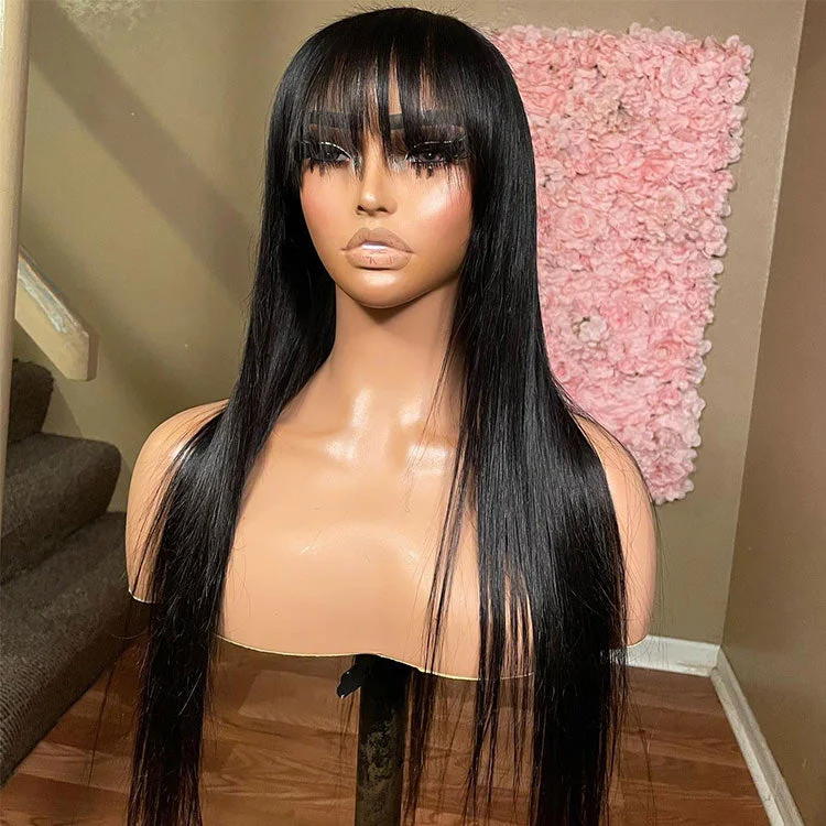 real person hair ring travel companion-Straight Wig With Bangs Human Hair Wig 180% Density