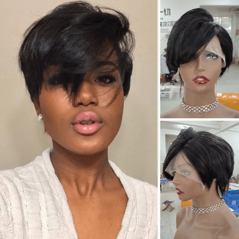 real person hair ring designer brand-Straight Pixie Cut Wig with Long Bangs Human Hair Lace Frontal for African American