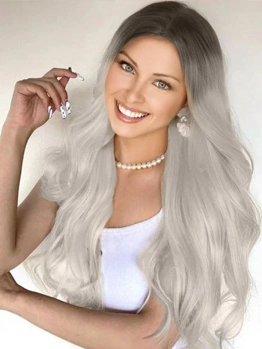 Synthetic wigs for artsy style-T Part Long Length Salt And Pepper Gray Wavy Lace Front Synthetic Wigs