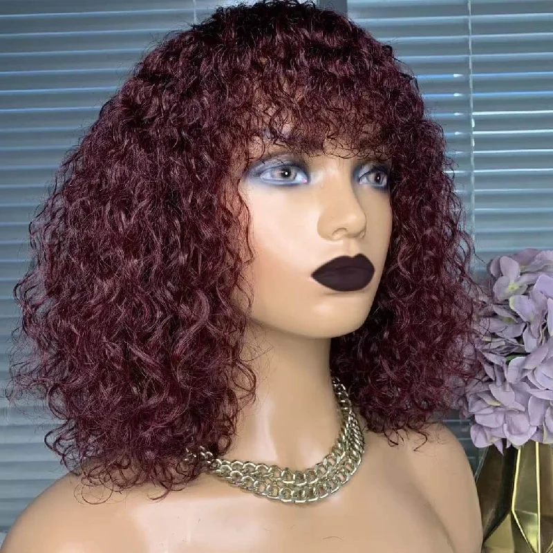 real person hair ring wedding set-Wine Red Curly Wig With Bangs Human Hair Kinky Curl  For Women