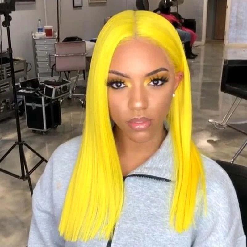 real person hair ring subscription plan-#Yellow Color 13x4 Lace Front Wig Human Hair Straight Surprisehair