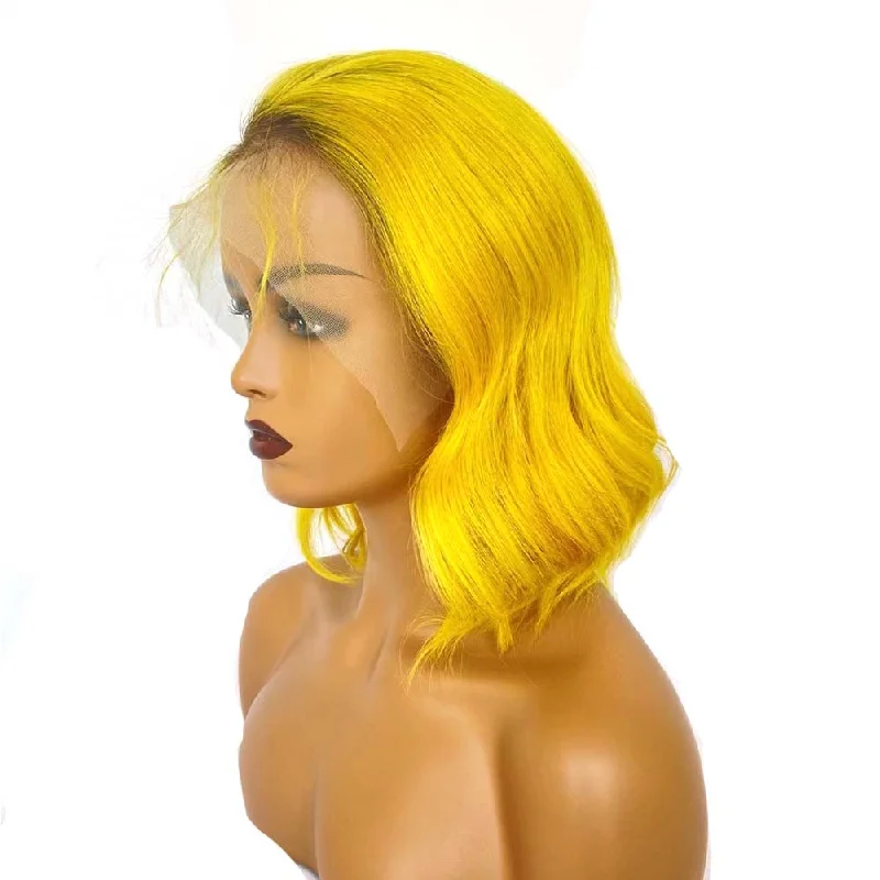 real person hair ring premium quality-Yellow Ombre Lace Front Wig Wavy Bob Human Hair for Black Women